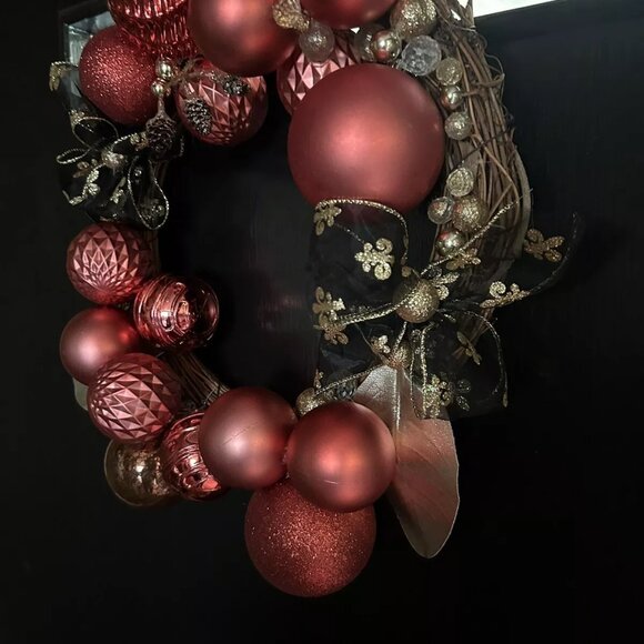 Natural Vine Wreath with Copper Ornaments and Black Gold Ribbon 12 " Christmas - Picture 2 of 4